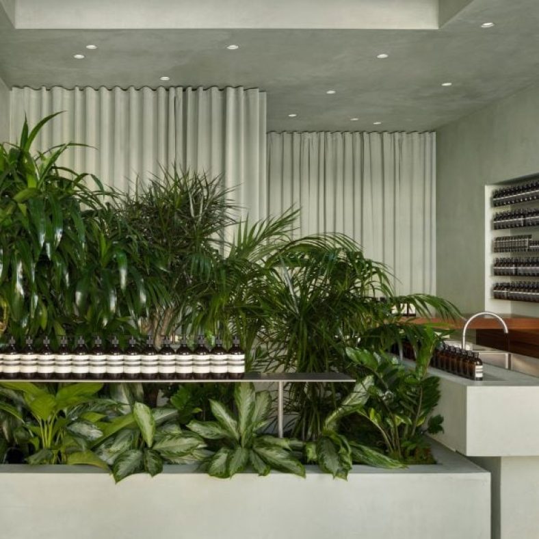 Odami creates textured minty interior for Aesop Palisades Village store