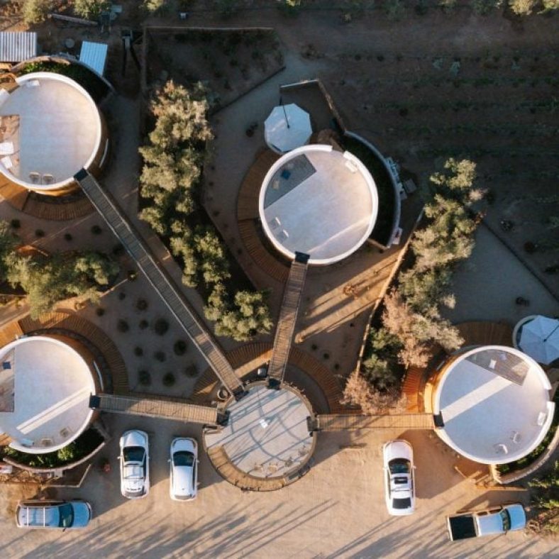 Suspended bridges connect round cabin hotels in Mexico